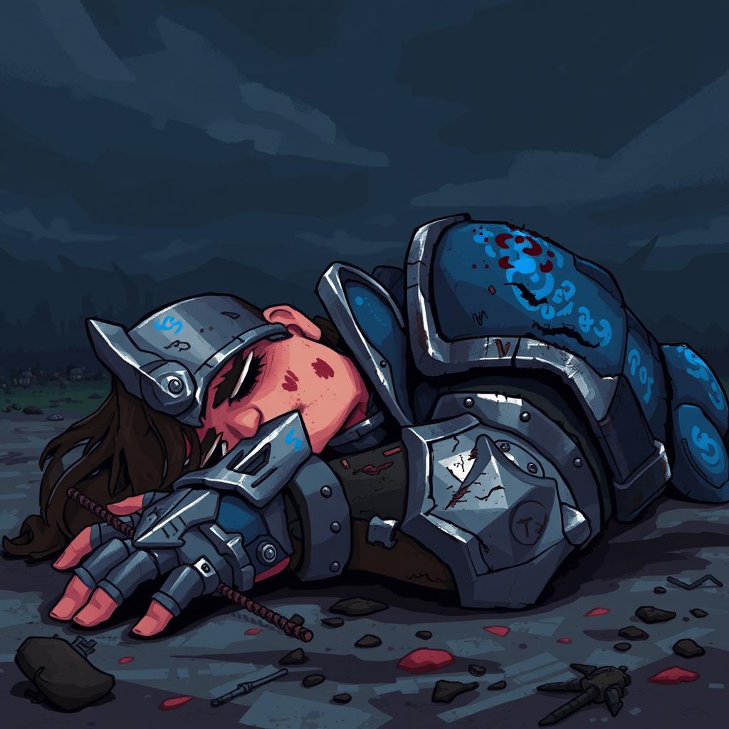 A pixel art depiction of a defeated warrior in detailed armor, lying on the ground