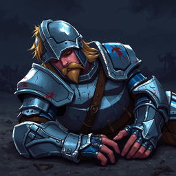 A pixel art depiction of a defeated warrior in detailed armor, lying on the ground