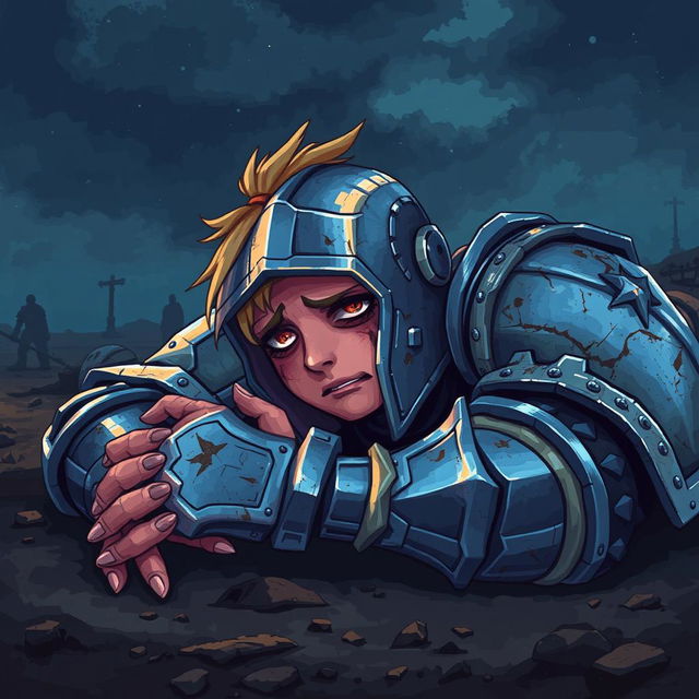 A pixel art depiction of a defeated warrior in detailed armor, lying on the ground