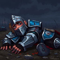 A pixel art depiction of a defeated warrior in detailed armor, lying on the ground