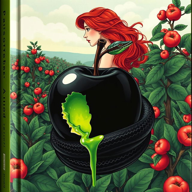 A visually striking book cover featuring a field of flourishing apple trees, with a central focus on a sinister black apple, symbolic of poison