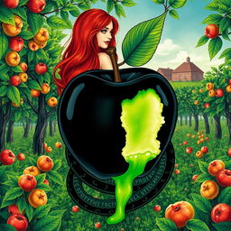 A visually striking book cover featuring a field of flourishing apple trees, with a central focus on a sinister black apple, symbolic of poison