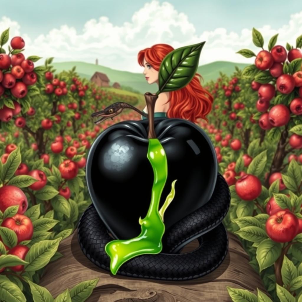 A visually striking book cover featuring a field of flourishing apple trees, with a central focus on a sinister black apple, symbolic of poison