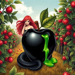 A visually striking book cover featuring a field of flourishing apple trees, with a central focus on a sinister black apple, symbolic of poison