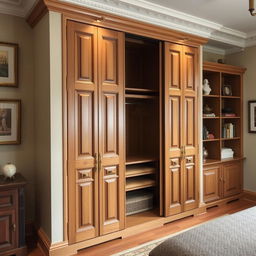 A traditional closet design integrated into a wall, featuring wooden doors with intricate carvings and brass handles, painted in a warm cream color