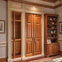 A traditional closet design integrated into a wall, featuring wooden doors with intricate carvings and brass handles, painted in a warm cream color