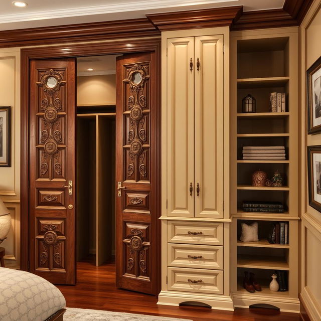 A traditional closet design integrated into a wall, featuring wooden doors with intricate carvings and brass handles, painted in a warm cream color