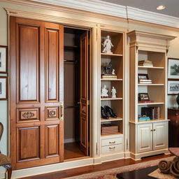 A traditional closet design integrated into a wall, featuring wooden doors with intricate carvings and brass handles, painted in a warm cream color