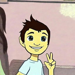 An avatar wearing a friendly smile, with bright, welcoming eyes, and waving hello.