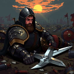 A pixel art depiction of a defeated warrior in intricately detailed armor, lying on the ground with their sword dropped beside them