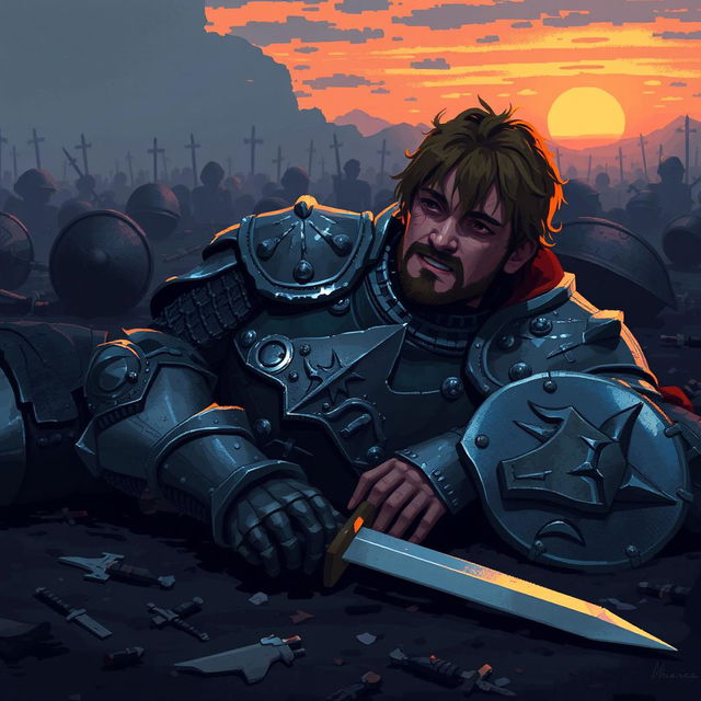 A pixel art depiction of a defeated warrior in intricately detailed armor, lying on the ground with their sword dropped beside them