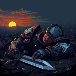 A pixel art depiction of a defeated warrior in intricately detailed armor, lying on the ground with their sword dropped beside them