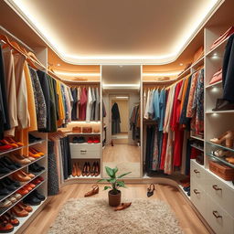 A spacious, well-organized closet filled with colorful clothes, shoes neatly arranged on shelves, and accessories like belts and bags