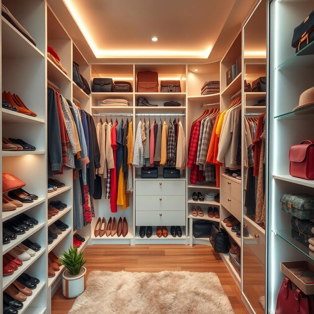 A spacious, well-organized closet filled with colorful clothes, shoes neatly arranged on shelves, and accessories like belts and bags