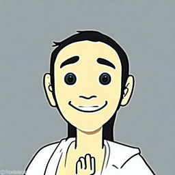 An avatar wearing a friendly smile, with bright, welcoming eyes, and waving hello.