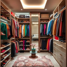 A spacious, well-organized closet filled with colorful clothes, shoes neatly arranged on shelves, and accessories like belts and bags
