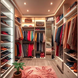 A spacious, well-organized closet filled with colorful clothes, shoes neatly arranged on shelves, and accessories like belts and bags