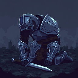 A pixel art depiction of a defeated warrior in intricately designed armor, showcasing the details of the armor such as scratches and dents that indicate a harsh battle