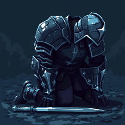 A pixel art depiction of a defeated warrior in intricately designed armor, showcasing the details of the armor such as scratches and dents that indicate a harsh battle