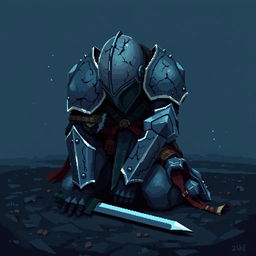 A pixel art depiction of a defeated warrior in intricately designed armor, showcasing the details of the armor such as scratches and dents that indicate a harsh battle