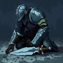 A pixel art depiction of a defeated warrior in intricately designed armor, showcasing the details of the armor such as scratches and dents that indicate a harsh battle