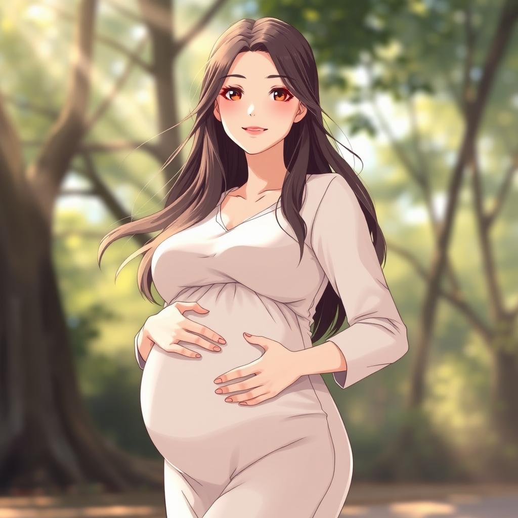 Anime woman 45 years old, with large breasts, who is pregnant