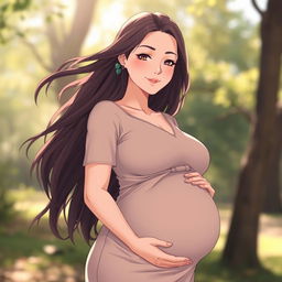 Anime woman 45 years old, with large breasts, who is pregnant