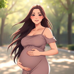 Anime woman 45 years old, with large breasts, who is pregnant