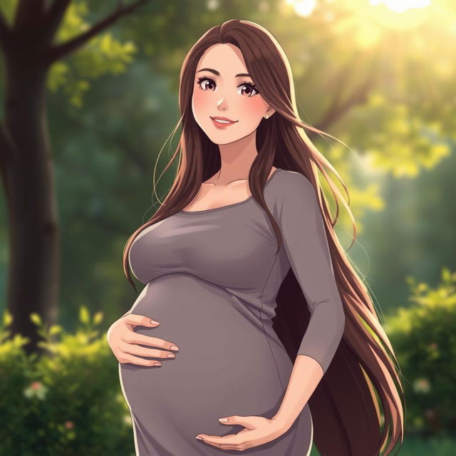 Anime woman 45 years old, with large breasts, who is pregnant