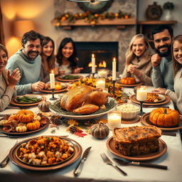 A beautifully arranged Thanksgiving dinner table, showcasing an array of traditional dishes such as a golden-brown roasted turkey adorned with herbs, stuffing, cranberry sauce, mashed potatoes, green bean casserole, and pumpkin pie