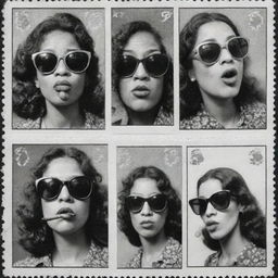 Three black and white comic-style stamps featuring portraits of old and young women vaping and wearing sunglasses, each of a different race, reminiscent of the hippie illustrator Robert Crumb's work