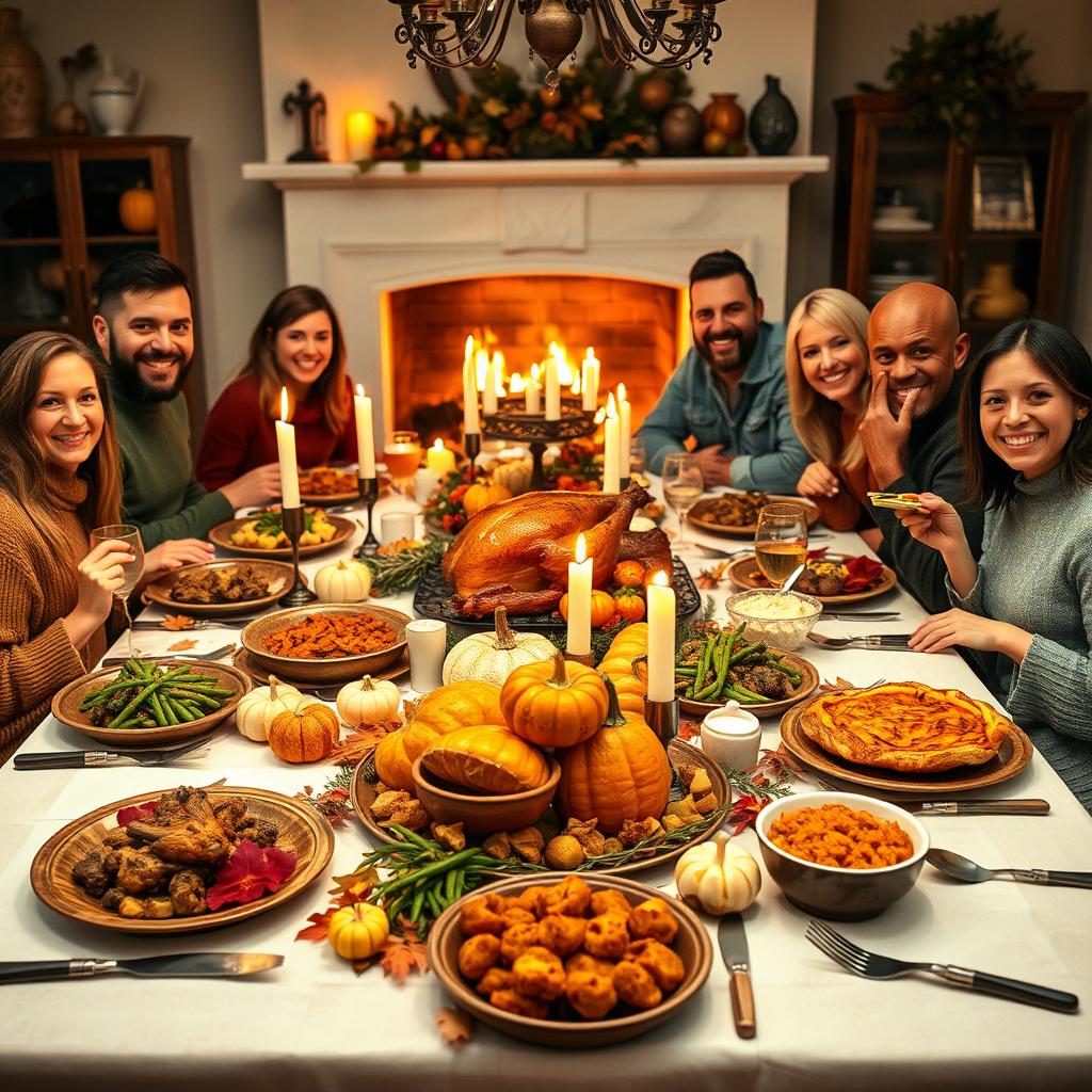 A beautifully arranged Thanksgiving dinner table, showcasing an array of traditional dishes such as a golden-brown roasted turkey adorned with herbs, stuffing, cranberry sauce, mashed potatoes, green bean casserole, and pumpkin pie