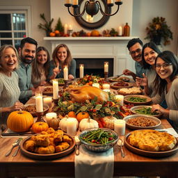 A beautifully arranged Thanksgiving dinner table, showcasing an array of traditional dishes such as a golden-brown roasted turkey adorned with herbs, stuffing, cranberry sauce, mashed potatoes, green bean casserole, and pumpkin pie