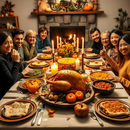 A beautifully arranged Thanksgiving dinner table, showcasing an array of traditional dishes such as a golden-brown roasted turkey adorned with herbs, stuffing, cranberry sauce, mashed potatoes, green bean casserole, and pumpkin pie