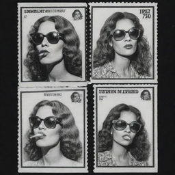 Three black and white comic-style stamps featuring portraits of old and young women vaping and wearing sunglasses, each of a different race, reminiscent of the hippie illustrator Robert Crumb's work