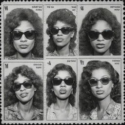 Three black and white comic-style stamps featuring portraits of old and young women vaping and wearing sunglasses, each of a different race, reminiscent of the hippie illustrator Robert Crumb's work