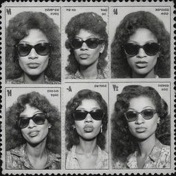 Three black and white comic-style stamps featuring portraits of old and young women vaping and wearing sunglasses, each of a different race, reminiscent of the hippie illustrator Robert Crumb's work