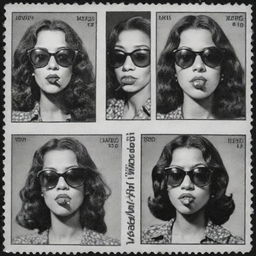 Three black and white comic-style stamps featuring portraits of old and young women vaping and wearing sunglasses, each of a different race, reminiscent of the hippie illustrator Robert Crumb's work