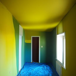 A 12x12 room with a door and one window. One wall is painted in pure dark yellow, the others in light green. The ceiling is white and the floor is a vibrant blue.