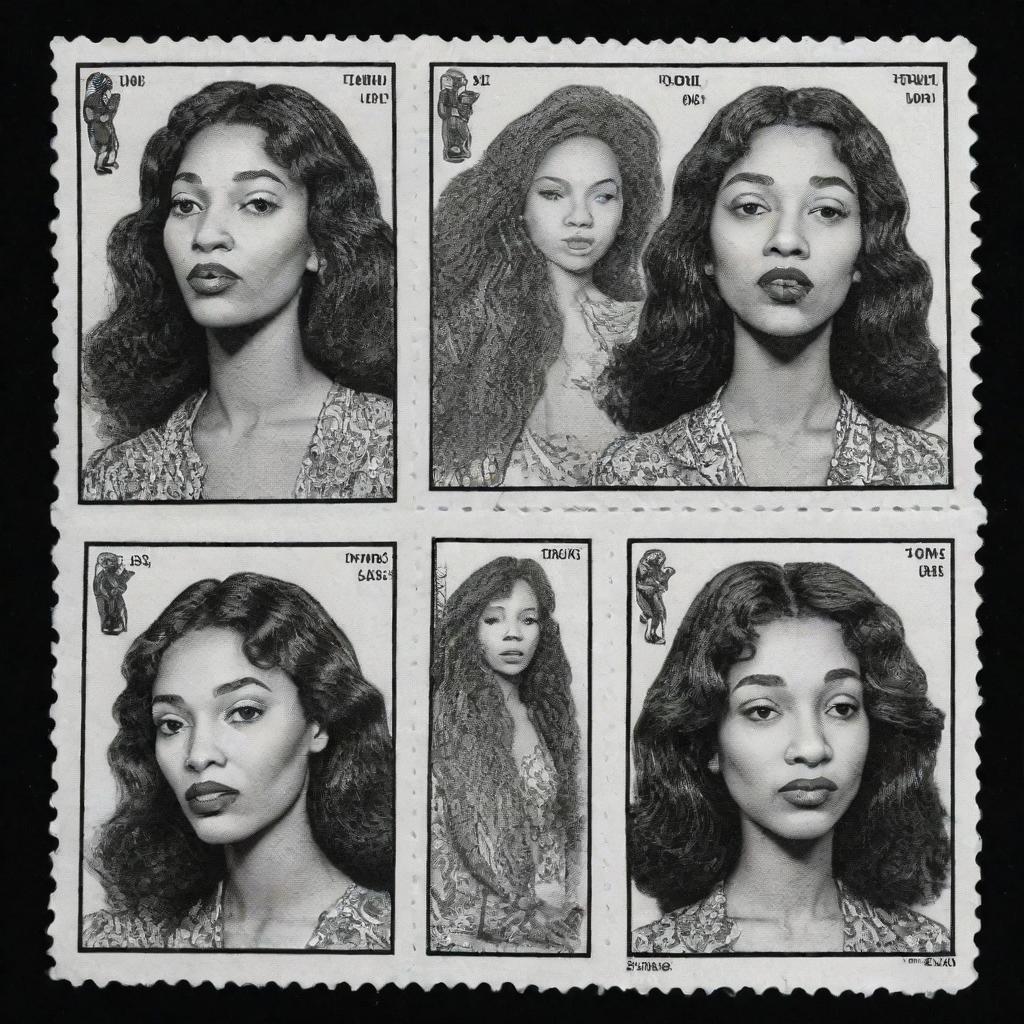 Three black and white comic-style stamps, each featuring a portrait of a woman of a different race vaping