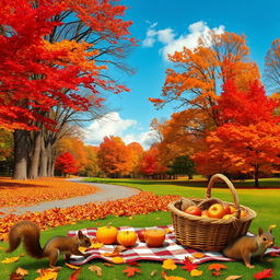 A picturesque autumn landscape featuring a colorful array of fall foliage, showcasing vibrant reds, oranges, yellows, and browns