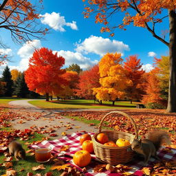 A picturesque autumn landscape featuring a colorful array of fall foliage, showcasing vibrant reds, oranges, yellows, and browns