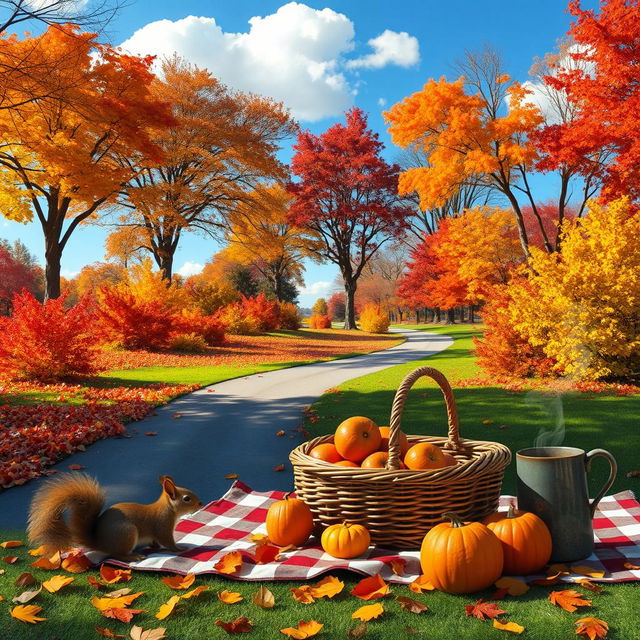 A picturesque autumn landscape featuring a colorful array of fall foliage, showcasing vibrant reds, oranges, yellows, and browns