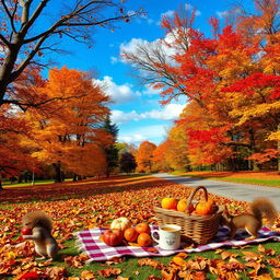 A picturesque autumn landscape featuring a colorful array of fall foliage, showcasing vibrant reds, oranges, yellows, and browns