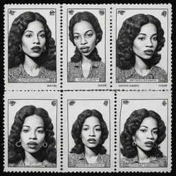 Three black and white comic-style stamps, each featuring a portrait of a woman of a different race vaping