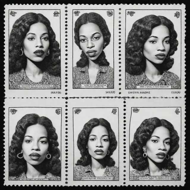 Three black and white comic-style stamps, each featuring a portrait of a woman of a different race vaping