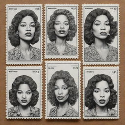 Three black and white comic-style stamps, each featuring a portrait of a woman of a different race vaping