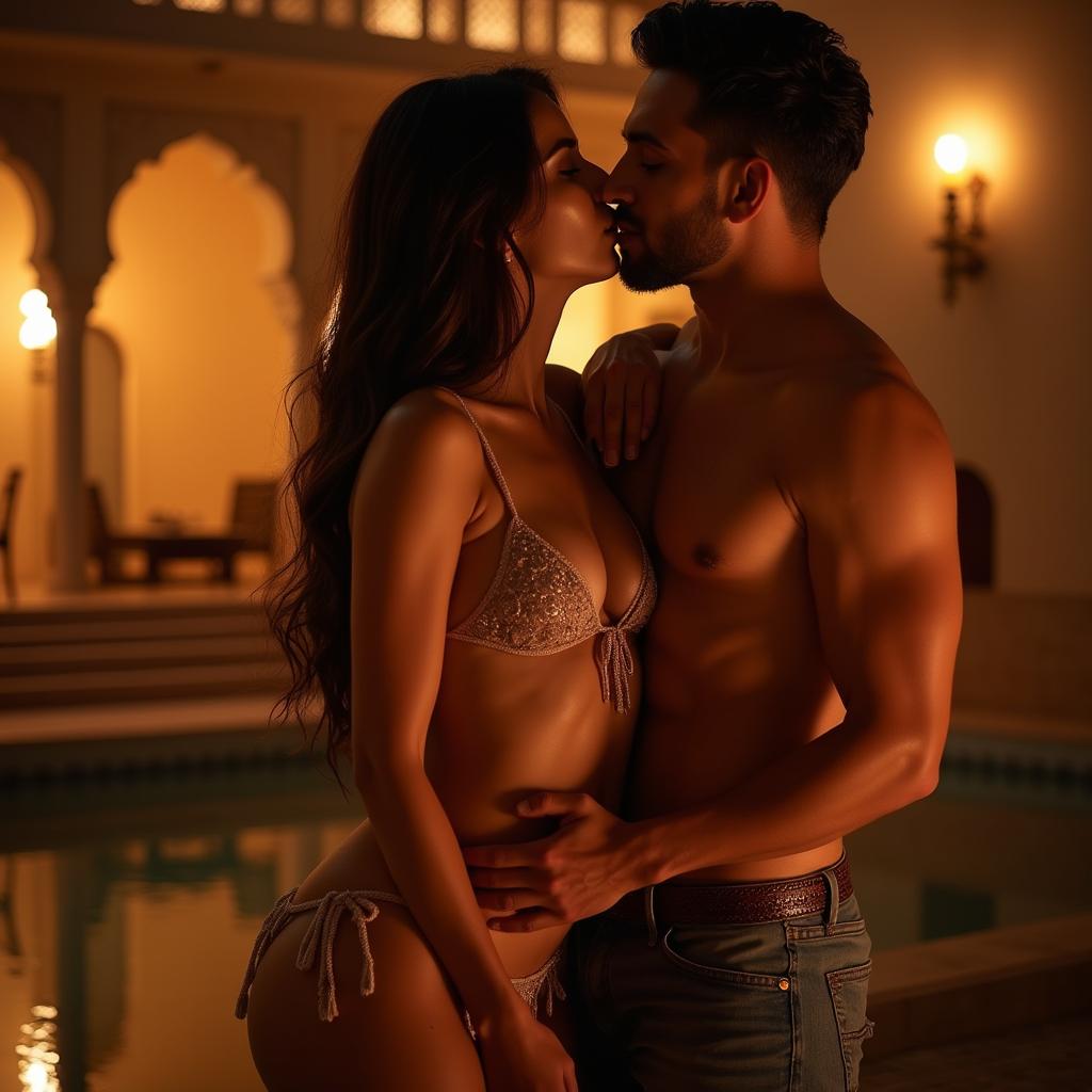 A passionate and intimate scene set in a Rajasthani fort resort, featuring a beautiful woman in a bikini, displaying her alluring cleavage and navel