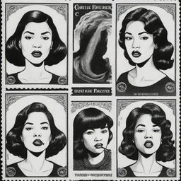 Three black and white comic-style stamps illustrated with portraits of women vaping, each of a different race