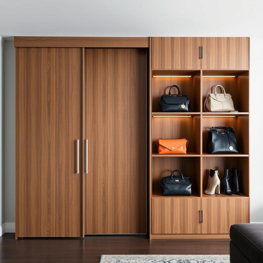A modern closet seamlessly integrated into a wall with sliding doors, showcasing a sleek and contemporary design